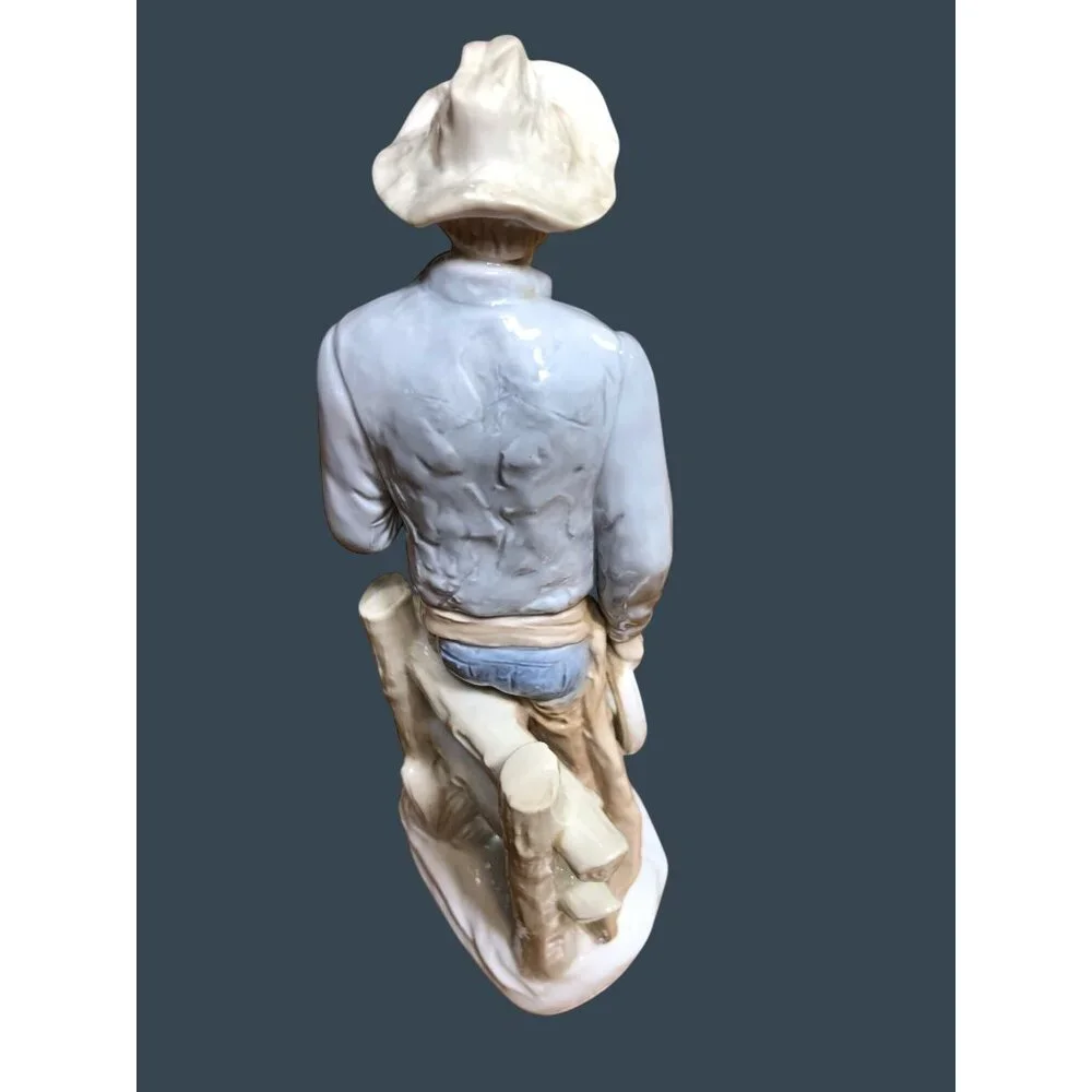 Porcelain Figurine Cowboy Sculpture Hat Cigar Rope Japan Western Rodeo Blue